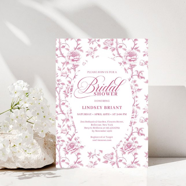 Invitation de Fête de Fiançailles Luxueuse Toile F (Luxury Dusty Rose Floral Toile Bridal Shower Invitation)