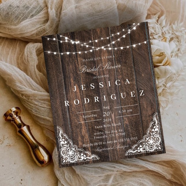 Invitation de Fête de Fiançailles Rustique en Bois (Budget Rustic Wood Lace Bridal Shower Invitation)