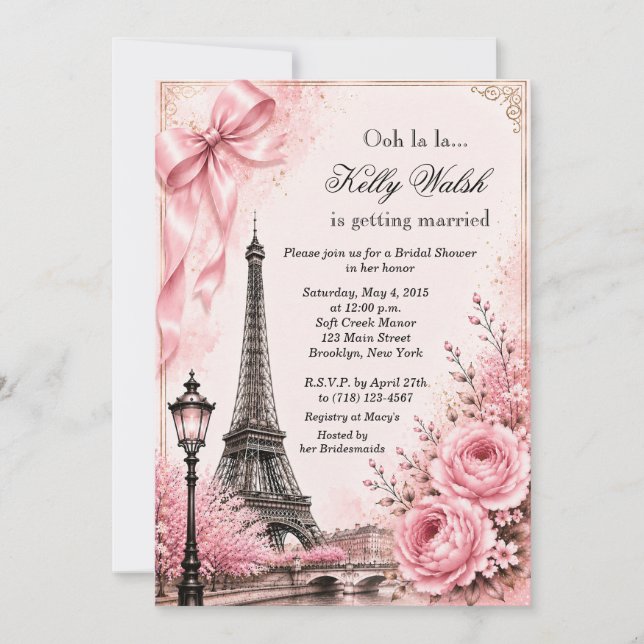 Invitation de Fête de Fiançailles Tour Eiffel Rose (Devant)