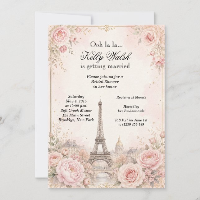 Invitation de Fête de Fiançailles Tour Eiffel Rose (Devant)