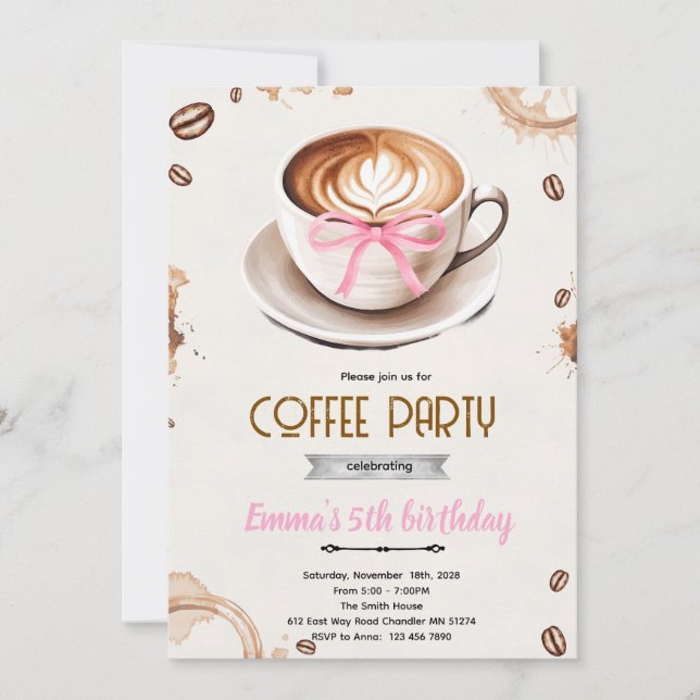 Invitation de fête de fille sur le thème du café (Devant)