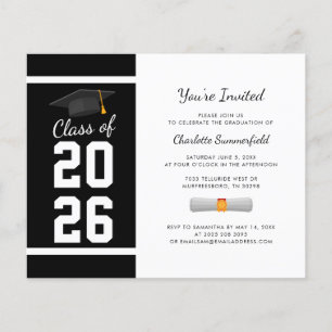 Invitation de fête de fin d'études 2026 noir et bl
