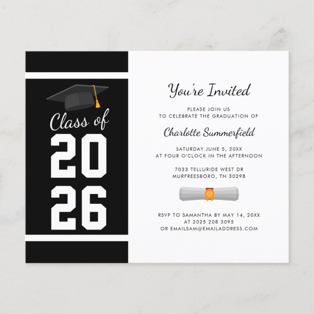 Invitation de fête de fin d'études 2026 noir et bl (Devant)