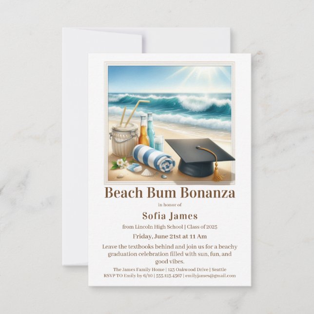 Invitation de fête de fin d'études à la plage (Devant)