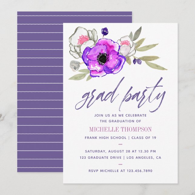 Invitation de fête de fin d'études à l'aquarelle f (Devant / Derrière)