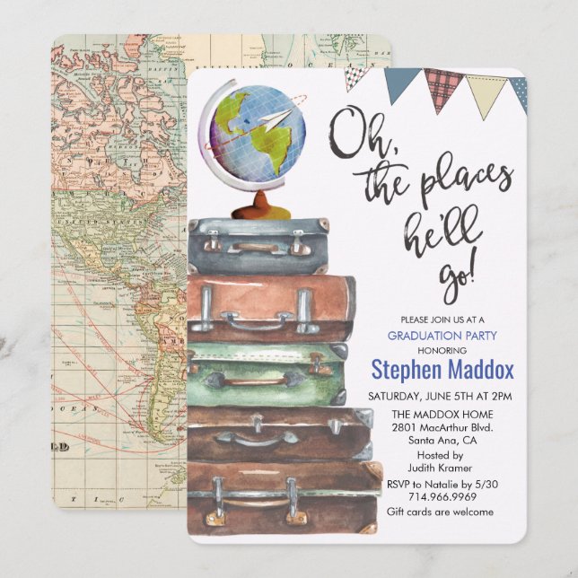 Invitation de fête de fin d'études à thème voyage  (Devant / Derrière)