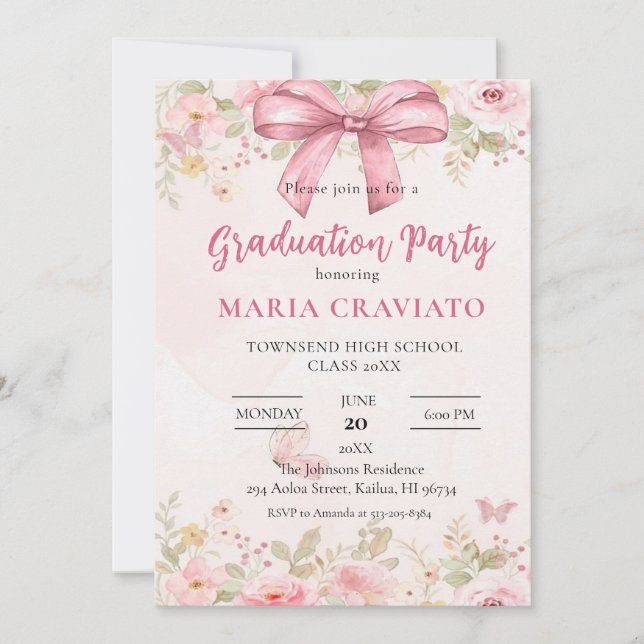 Invitation de fête de fin d'études au ruban rose e (Devant)