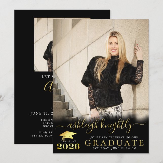 Invitation de fête de fin d'études Black Gold 2026 (Devant / Derrière)