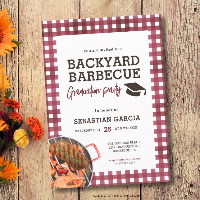 Invitation de fête de fin d'études de barbecue de  (The front of the invitation is shown at a 5x7 inch size. Choose size, paper, + corner style.)