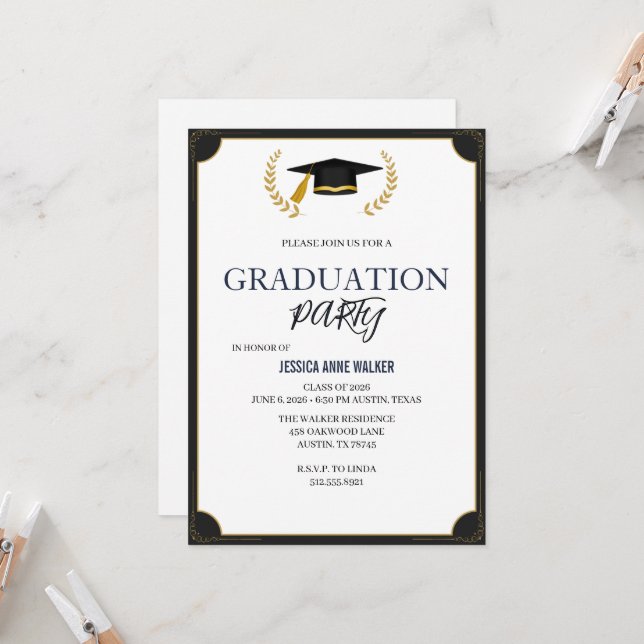 Invitation de fête de fin d'études Élégant Bleu Mo (Devant/Arrière en situation)
