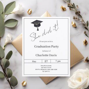Invitation de fête de fin d'études en noir et blan