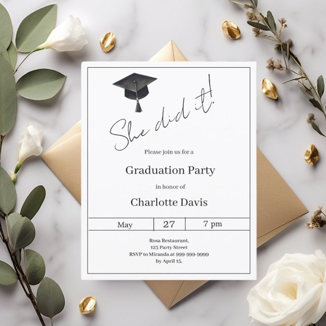 Invitation de fête de fin d'études en noir et blan (Créateur téléchargé)