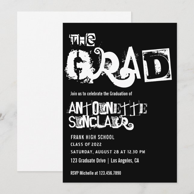 Invitation de fête de fin d'études en typographie  (Devant / Derrière)