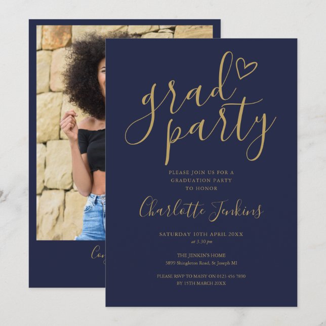 Invitation de fête de fin d'études Navy Gold Grad  (Devant / Derrière)