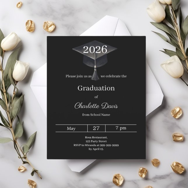 Invitation de fête de fin d'études noir blanc clas (Créateur téléchargé)