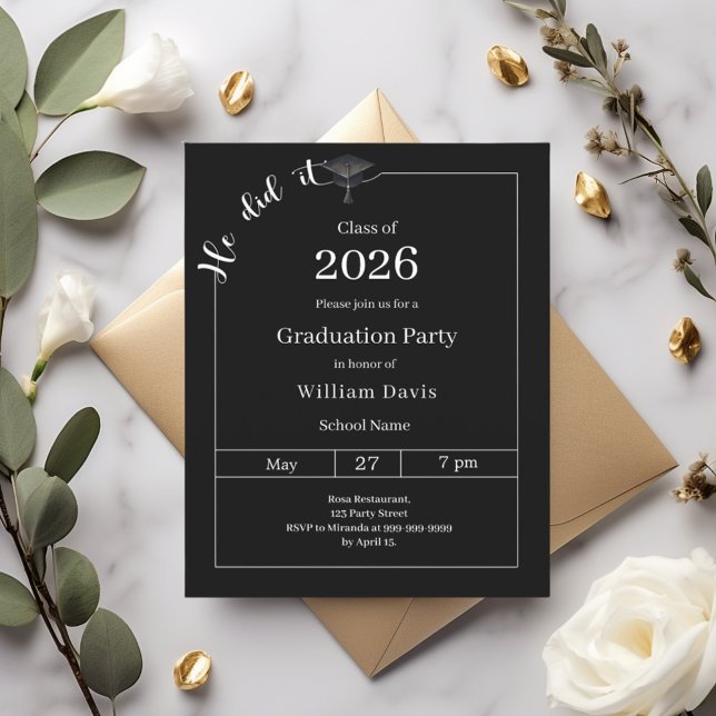 Invitation de fête de fin d'études noir blanc Il l (Créateur téléchargé)