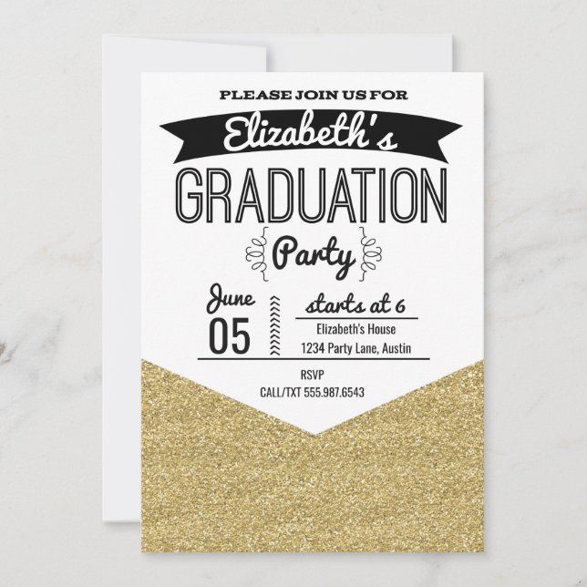 Invitation de fête de fin d'études Or Paillettes e (Devant)