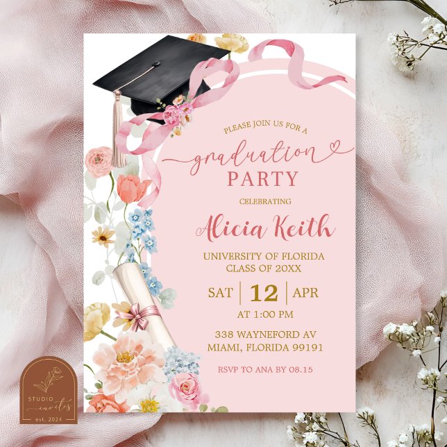 Invitation de fête de fin d'études printanière flo (Créateur téléchargé)