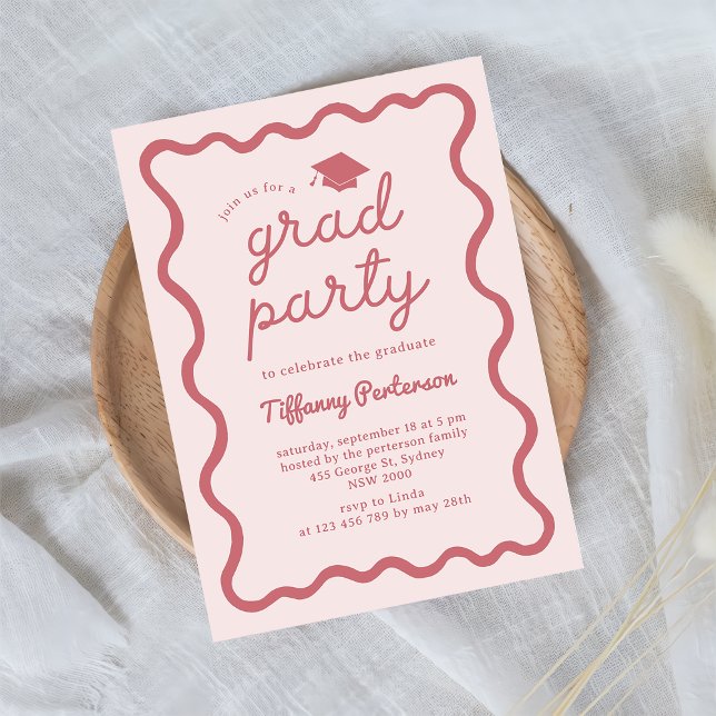 Invitation de fête de fin d'études rose dessinée à (Créateur téléchargé)