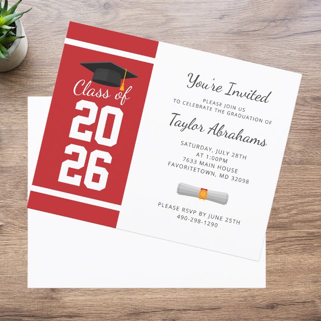 Invitation de fête de fin d'études Rouge Blanc (Graduation 2025 White Red Bold Party Invitation)