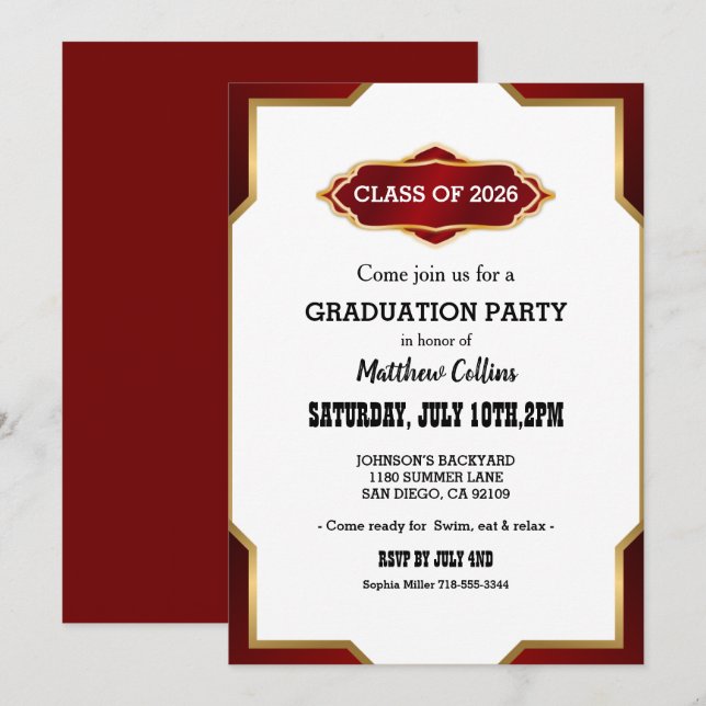 Invitation de fête de fin d'études Rouge Inspirée  (Devant / Derrière)