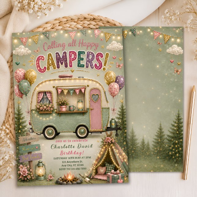 Invitation de fête de glamping vert sauge pour fil (Créateur téléchargé)