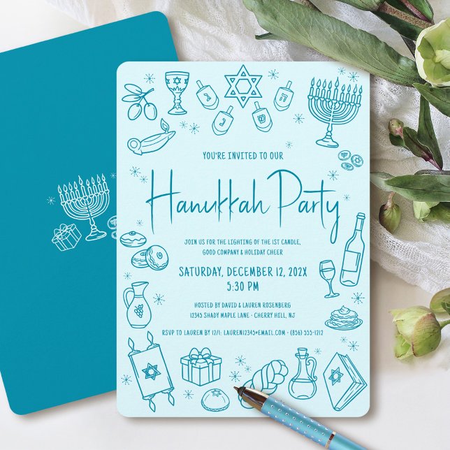 Invitation de fête de Hanukkah turquoise dessinée  (Créateur téléchargé)