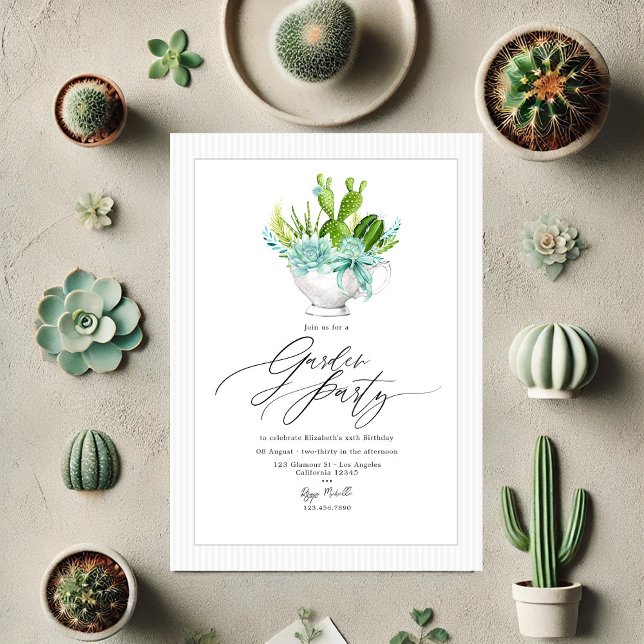 Invitation de fête de jardin à la tasse de thé de  (Cactus Succulent Tea Cup Garden Party Invitation)