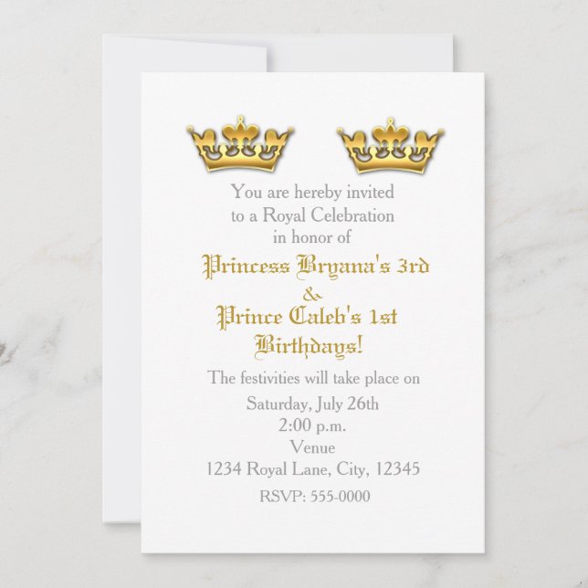 Invitation de fête de jumeaux Couronnes d'or Princ (Devant)