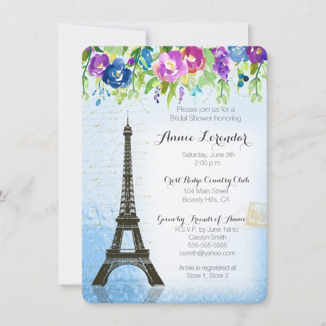 Invitation de Fête de la mariée de Paris de fleur (Devant)
