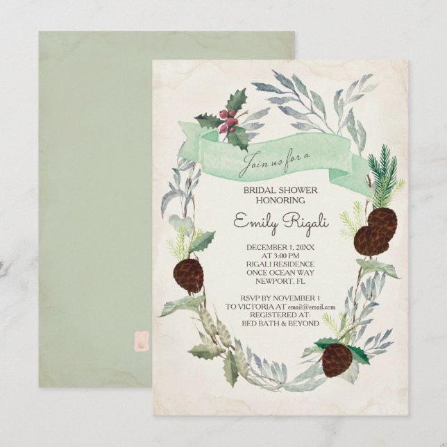 Invitation de Fête de la mariée de verdure d'hiver (Devant / Derrière)