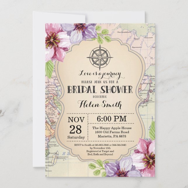 Invitation de Fête de la mariée de voyage florale (Devant)
