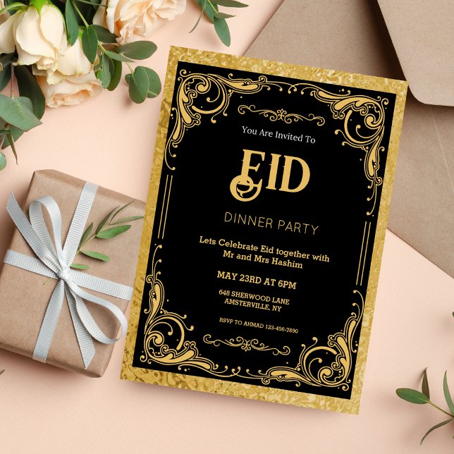 Invitation de fête de l'Aïd en noir et or (Créateur téléchargé)