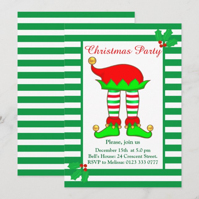 Invitation de fête de lutin de Noël sur fond vert  (Devant / Derrière)