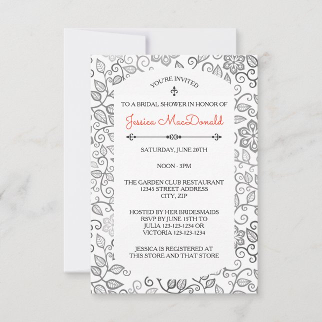 Invitation de Fête de Mariage à Motif Floral Noir  (Devant)