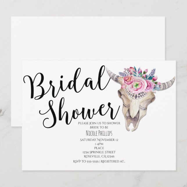Invitation de Fête de Mariage Bohème Crâne de Vach (Devant / Derrière)