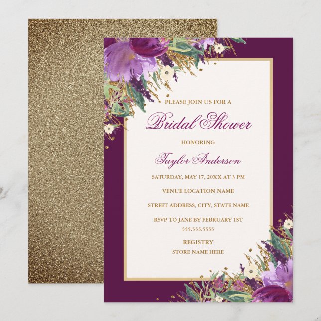 Invitation de fête de mariage floral Améthyste Pai (Devant / Derrière)