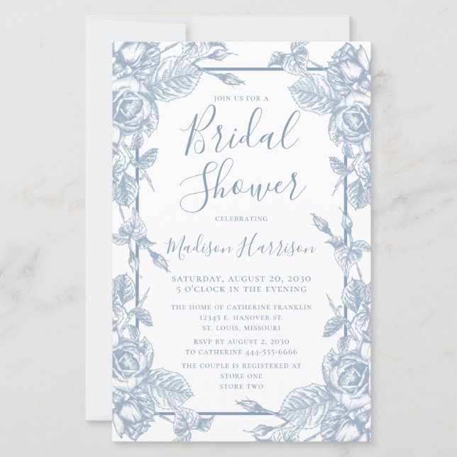 Invitation de Fête de Mariage Florale Bleu Poussié (Devant)