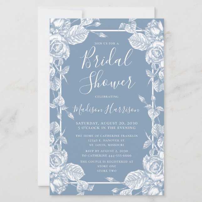Invitation de Fête de Mariage Florale Bleu Poussié (Devant)