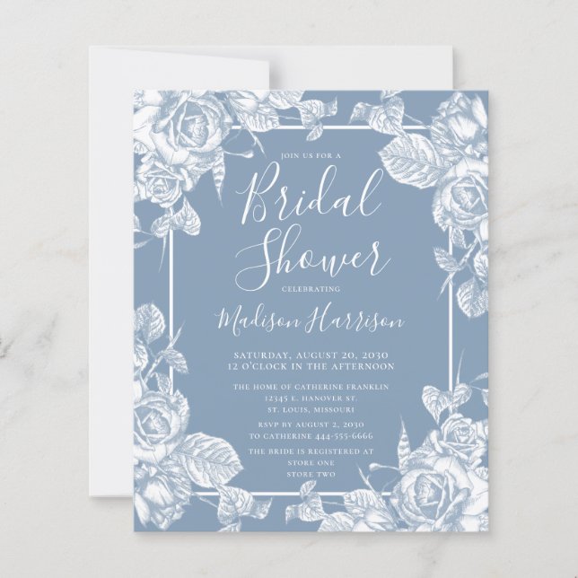 Invitation de Fête de Mariage Florale Bleu Poussié (Devant)