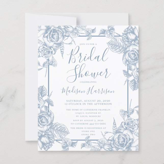 Invitation de Fête de Mariage Florale Bleu Poussié (Devant)