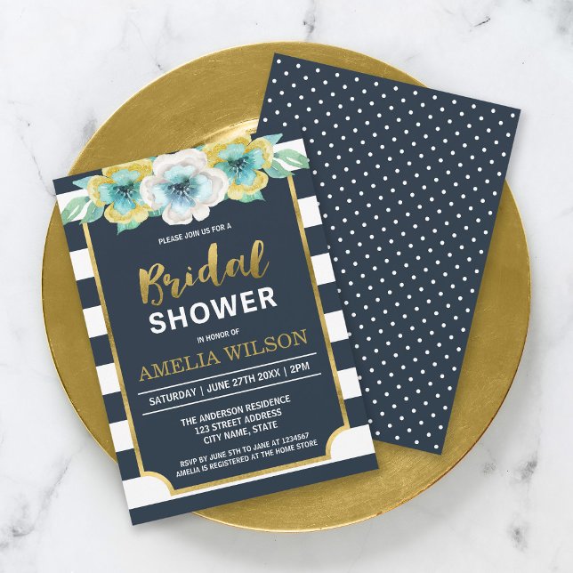 Invitation de Fête de Mariage Florale Bleue et Or  (Créateur téléchargé)