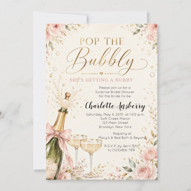 Invitation de Fête de Mariage Florale Pop The Bubb (Devant)