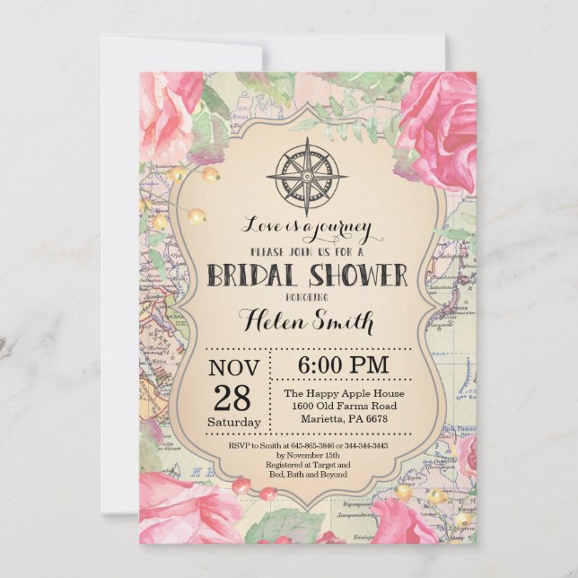Invitation de Fête de Mariage Florale Rose Voyage (Devant)
