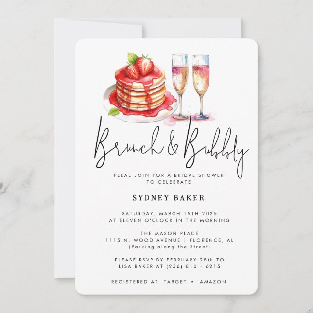 Invitation de fête de mariage rose Brunch & Bubbly (Devant)