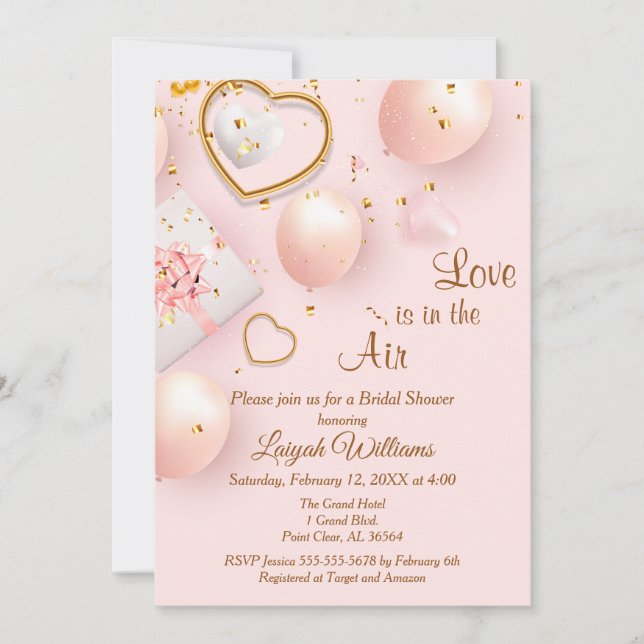 Invitation de Fête de Mariage Rose et Or pour la S (Devant)