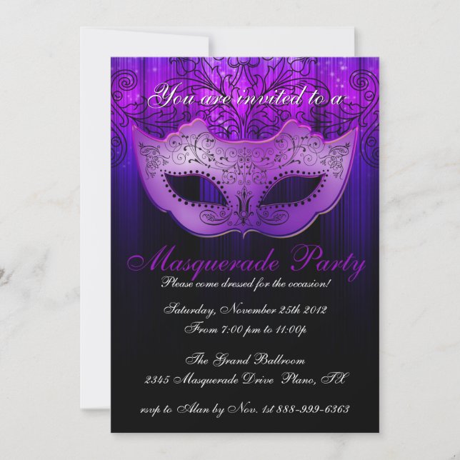 Invitation de fête de masquerade bleue et violette (Devant)