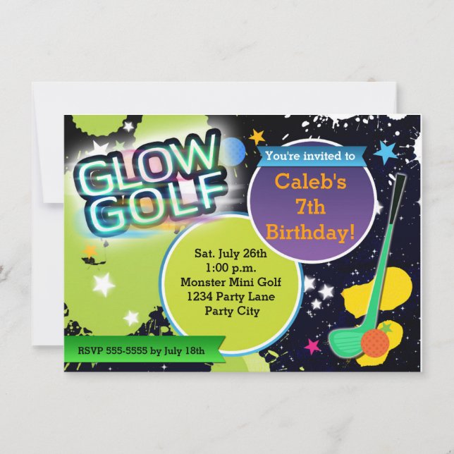 Invitation de fête de mini-golf avec monstre lumin (Devant)