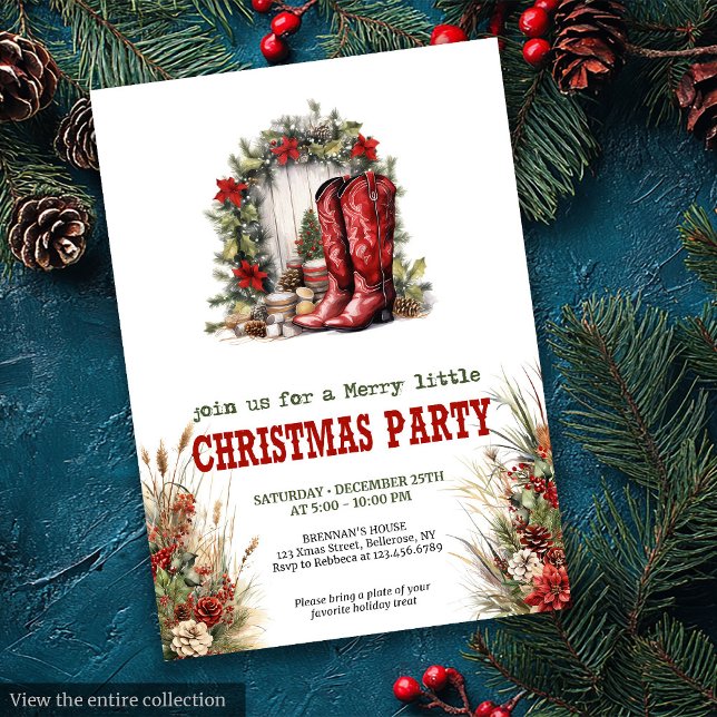 Invitation de fête de Noël à la ferme rouge et ver (Farmhouse Christmas party red green invitation

)