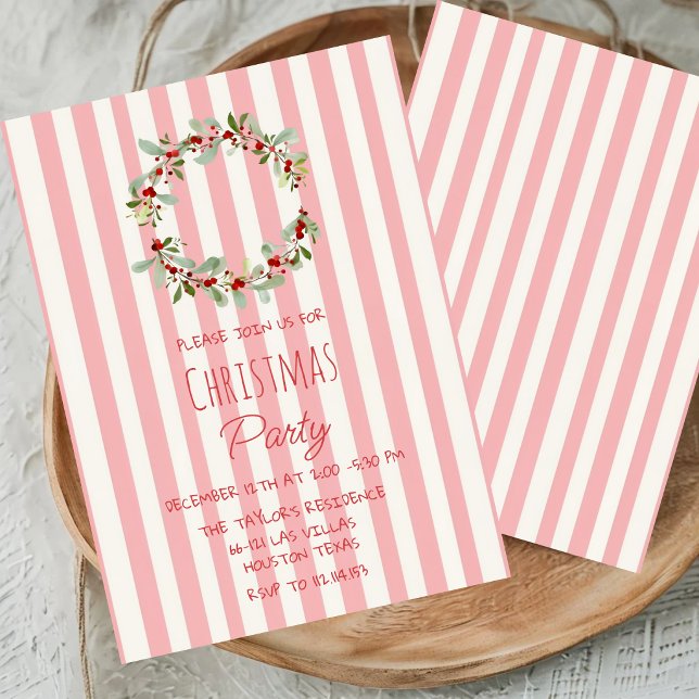 Invitation de fête de Noël à rayures roses | Joyeu (Créateur téléchargé)